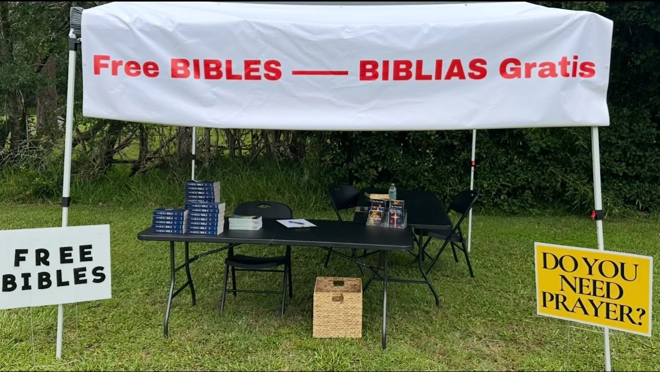 Free Bibles Now tent at an event